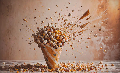 Aufkleber - A cone of popcorn is scattered all over the table. The popcorn is in various sizes and shapes, and it looks like it has exploded. The scene gives off a sense of chaos and excitement