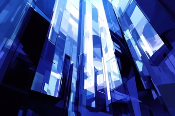 Poster - Abstract blue geometric pattern with a low angle perspective and light shining through.