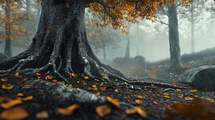 Aufkleber - Enigmatic roots of a massive tree thriving in a misty fall forest