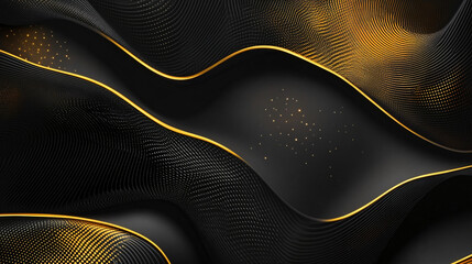 Poster - Golden particles flowing and glowing on abstract black wavy stripes background