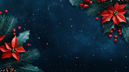 Aufkleber - Festive frame with christmas poinsettia, holly leaves and berries on a dark blue background with space for text