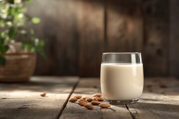 A glass of almond milk on a rustic wooden table with almonds scattered.