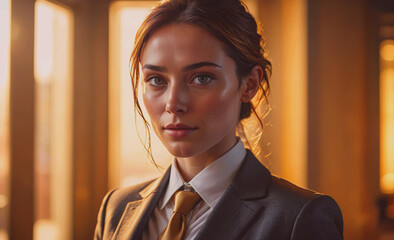 Aufkleber - A woman in a suit and tie with a serious expression on her face. Concept of professionalism and formality