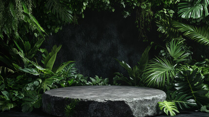 Poster - Stone podium showcasing lush tropical plants against a dark, textured background, creating a natural and serene atmosphere