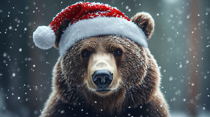 Aufkleber - Majestic brown bear wearing a festive santa claus hat, surrounded by gently falling snowflakes, creating a heartwarming christmas scene