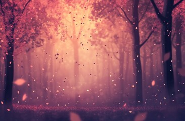 Aufkleber - A mystical forest with falling leaves bathed in warm, pink light.