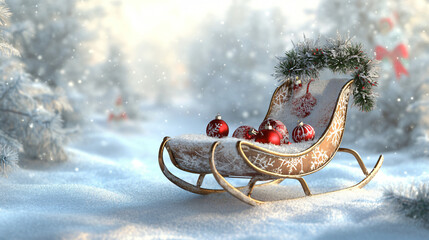 Aufkleber - Wooden sleigh with red christmas ornaments in a snow-covered winter forest, evoking a magical holiday ambiance
