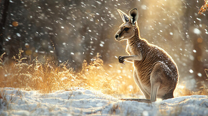 Poster - red kangaroo admiring a stunning winter sunset amidst a snowy landscape with dry grass