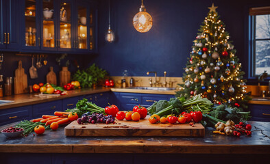 Poster - A kitchen with a Christmas tree and a table full of vegetables. Scene is festive and warm