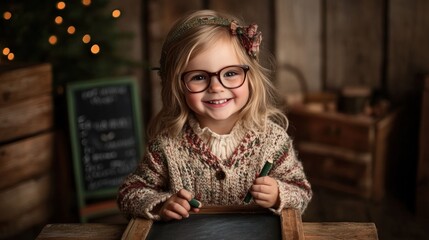 Aufkleber - A cheerful child in a cozy sweater poses with a chalkboard in a rustic setting.