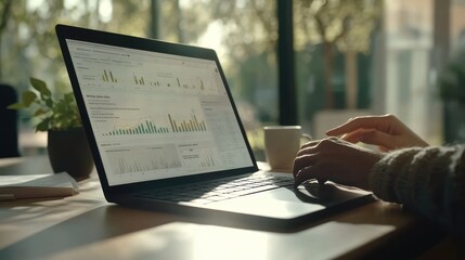 Aufkleber - A person analyzing data on a laptop in a bright, green environment with a coffee cup.
