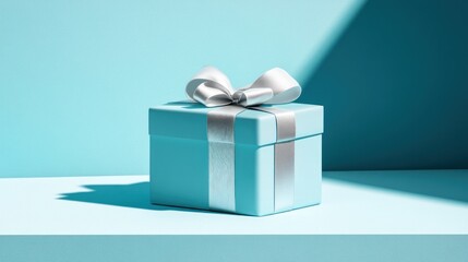 Poster - A decorative gift box with a silver ribbon against a turquoise background.