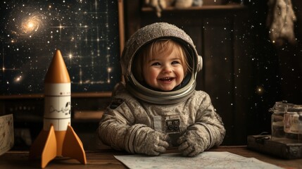 Aufkleber - A joyful child in a space suit, surrounded by a rocket and cosmic backdrop.