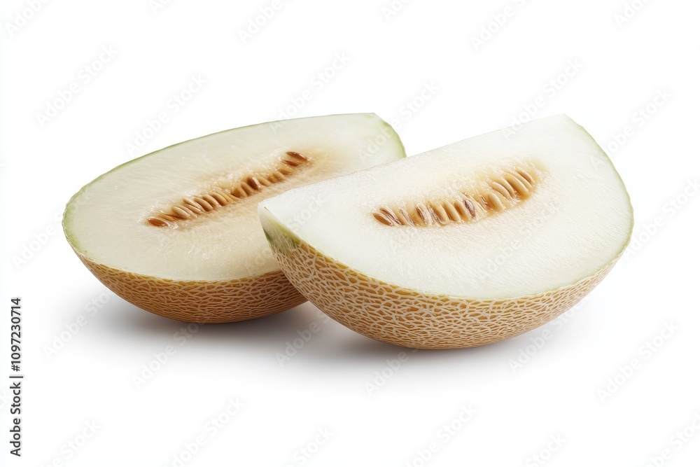 Cut Melons Piel De Sapo Honeydew On A White Background One Halved With cut-melons-piel-de-sapo-honeydew-on-a-white-background-one-halved-with