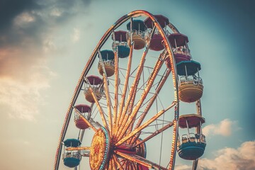 Aufkleber - A colorful Ferris wheel illuminated against a sunset sky, symbolizing fun and leisure.