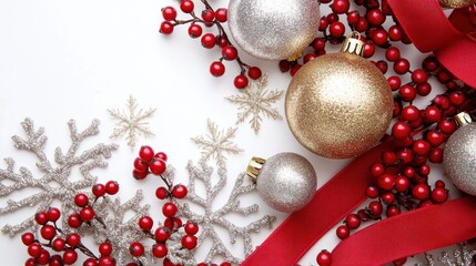 Poster - A festive arrangement of ornaments, berries, and ribbons for holiday decoration.