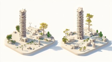 Leinwandbilder - Two stylized towers amidst a minimalistic landscape with trees and structures.