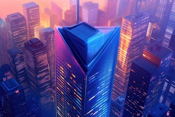 Aufkleber - a vibrant city skyline featuring a modern skyscraper illuminated at dusk.