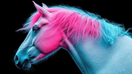 Aufkleber - A vibrant, stylized horse head with pink and blue hues against a black background.