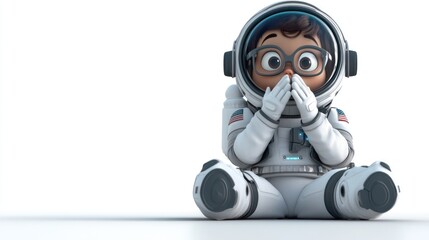 Poster - A surprised child in an astronaut suit sitting on the ground, expressing wonder and curiosity.