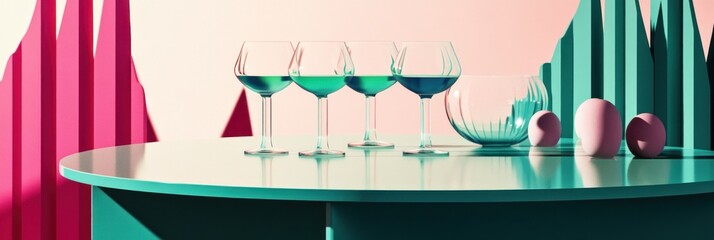Leinwandbilder - A modern still life featuring colorful glasses and decorative elements on a table.