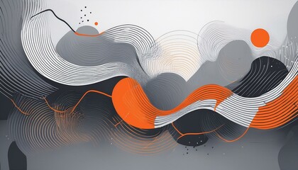 Poster - dynamic grey shapes composition with orange lines.