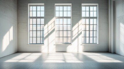 Poster - A bright, minimalist room with large windows casting shadows on the floor.
