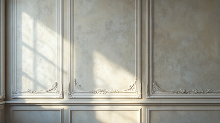 Poster - Sunlight creates shadows on a traditional interior wall with ornate molding, evoking a serene and sophisticated ambiance