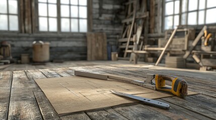 Aufkleber - Blueprint and Tools Rest on Rustic Workshop Table