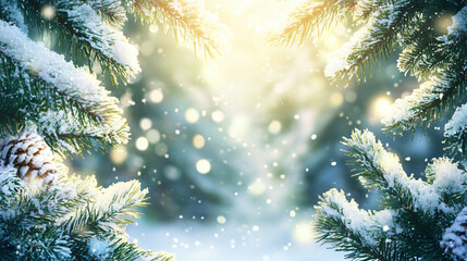 Poster - Sunlight illuminates snow-covered pine branches and softly falling snowflakes, creating a serene and magical winter wonderland