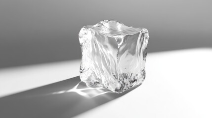 Poster - A single translucent ice cube sits on a white surface