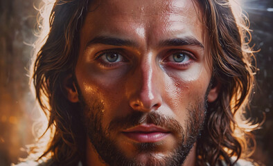 Aufkleber - A man with a beard and long hair is looking at the camera. The image has a warm and inviting mood, with the man's facial features and hair giving him a friendly and approachable appearance