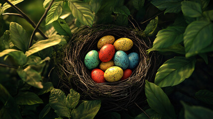 Aufkleber - Festive springtime scene with vibrant easter eggs nestled in a bird's nest among green leaves