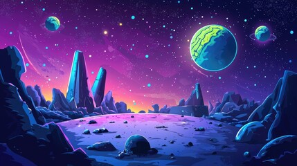 A celestial landscape with a blue planet and rocky formations under a starry sky.
