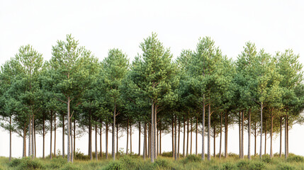 Poster - Row of coniferous evergreen trees growing on grassy hill against white background, representing nature, environment, and sustainable forestry