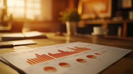 Poster - A business report featuring bar graphs and charts on a wooden table in a warm-lit environment.
