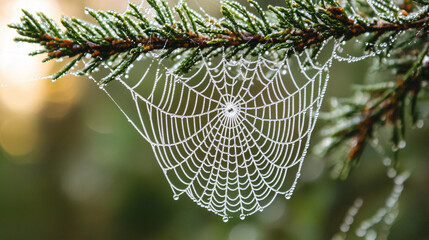 Poster - Delicate spiderweb adorned with morning dew, draped gracefully on a pine tree branch, bathed in gentle sunlight