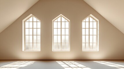 Aufkleber - a bright, minimalistic interior featuring three tall, arched windows.