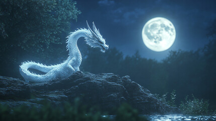 Poster - Majestic white dragon perched on river rocks, bathed in the glow of the full moon on a clear night, evoking a mystical ambiance