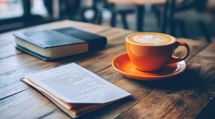 Poster - A cozy café scene featuring a latte, book, and notes on a wooden table.