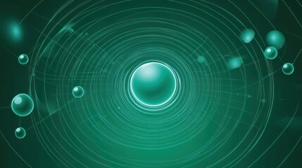 Aufkleber - Abstract representation of atomic structure with particles and waves in a green color scheme.