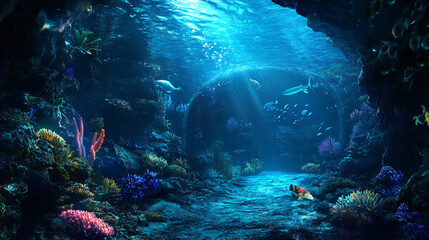 Poster - Sunbeams shine on a lively coral reef teaming with marine life in an underwater cave, creating a stunning natural display