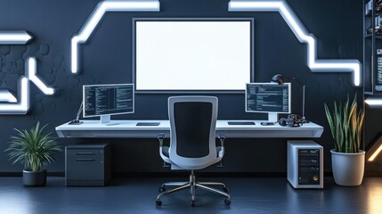 Fototapete - Modern Programmer Workstation With Dual Monitors And Blank Screen