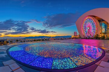Aufkleber - A vibrant evening view featuring a colorful ferris wheel and a reflective pool.
