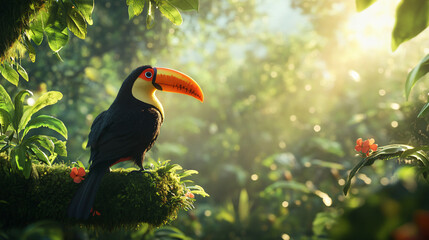 Poster - Vibrant toucan sits on a mossy branch amidst the lush greenery of a tropical rainforest, bathed in the golden light of dawn