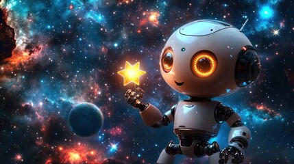Poster - A cute robot holding a glowing star against a cosmic background filled with stars and planets.
