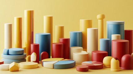 Poster - A colorful arrangement of geometric shapes and forms on a yellow background.