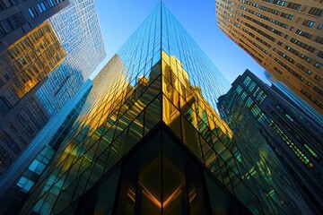 Aufkleber - a modern glass skyscraper reflecting surrounding buildings in a vibrant urban setting.