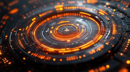 Poster - Futuristic abstract background with glowing orange and black circular patterns, featuring intricate details, light effects, and high-tech design elements for creative projects