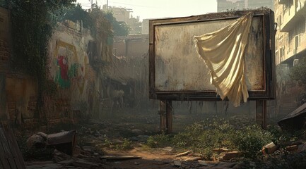 Poster - A deserted urban scene featuring a weathered billboard and overgrown surroundings.